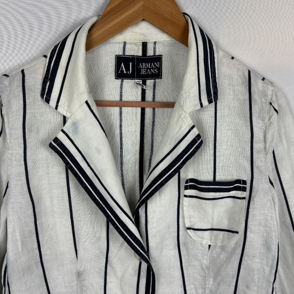 AJ Armani Jeans Women Linen LongSleeve Blazer Sz 12 Made in Italy Classic Preppy - Picture 3 of 14